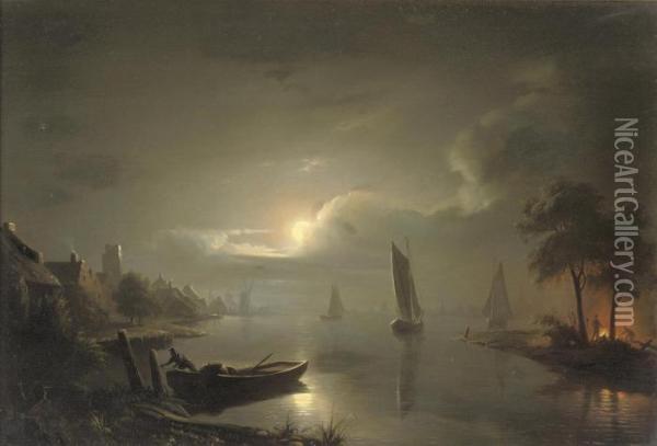 Maanenschijn: Sailing At Night Near Rotterdam With The St.laurenskerk Beyond Oil Painting - Petrus van Schendel
