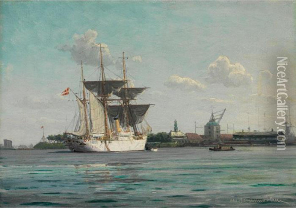 Dreimaster-segelschiff Mit Danischer Flagge In Einem Hafen Oil Painting - Christian Benjamin Olsen