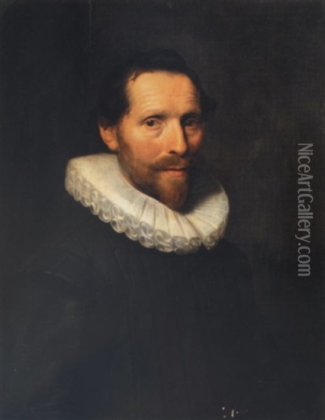 Portrait Of A Gentleman (hugo Grotius?) Wearing Black With A White Ruff Oil Painting - Michiel Janszoon van Mierevelt