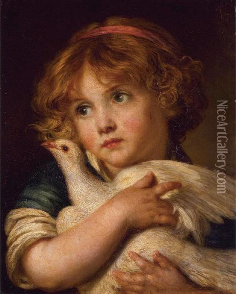 A Young Girl Holding A Dove Oil Painting - Jean Baptiste Greuze
