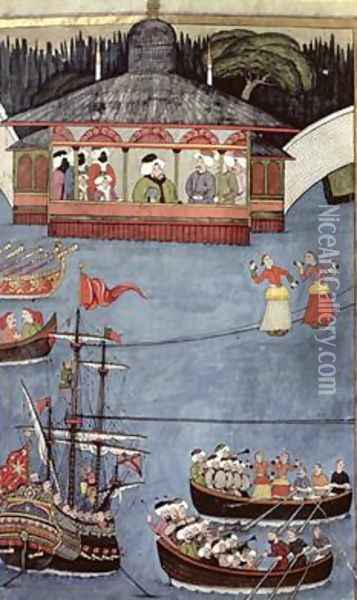 Nautical Festival before Sultan Ahmed III 1673-1736 from Surname by Vehbi Oil Painting - Levni