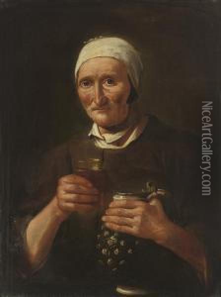 Portrait Of An Old Lady, A Pitcher In Her Left Hand, A Glass In Herright Oil Painting - Pieter Snyers