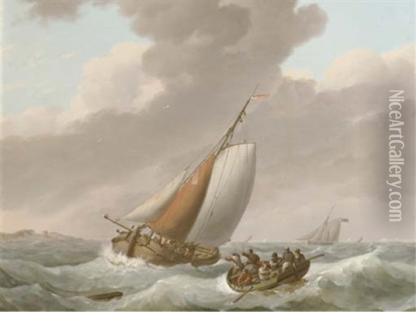 Barges On Choppy Waters Oil Painting - Johannes Hermanus Koekkoek