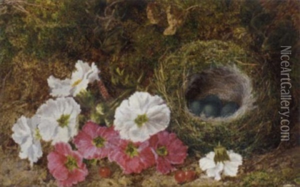 Pink And White Pansies And A Bird's Nest With Eggs On A Mossy Bank Oil Painting - George Clare