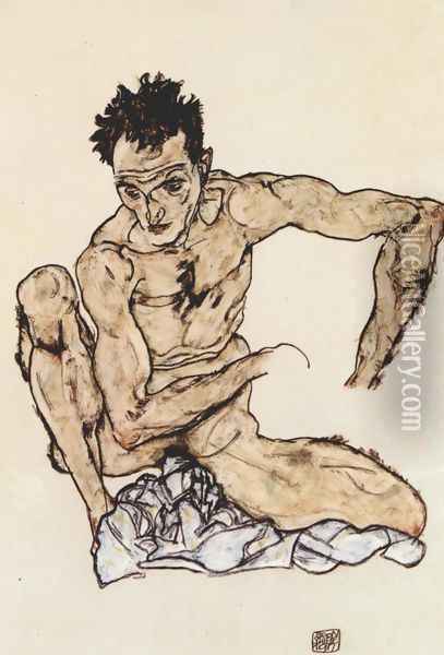 Squatting male act (selfportrait) Oil Painting - Egon Schiele