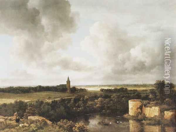 Landscape With Church And Ruined Castle Oil Painting - Jacob Van Ruisdael