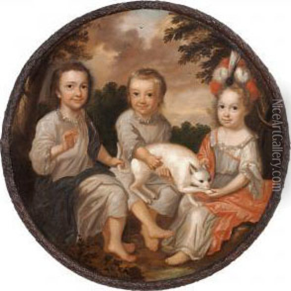 Three Siblings Of The Gyldenkrone Family Playing With A Cat Oil Painting - Jens Thrane