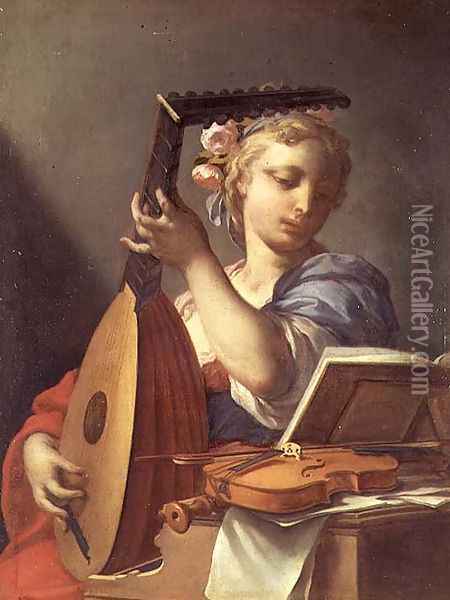 Personification of Music A Young Woman Playing a Lute Oil Painting - Francesco Trevisani