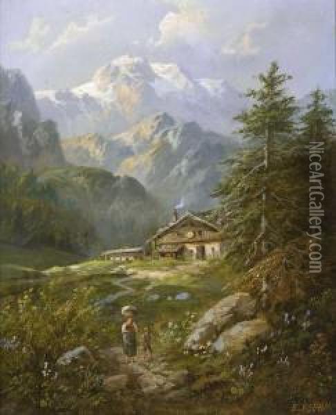 Gebirgslandschaft Mit Almhutte Oil Painting - Eduard Boehm