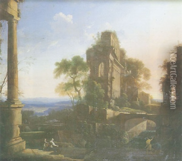 Paysage Imaginaire De Ruines De Temples Antiques Anime De Personnages Oil Painting - Pierre Antoine Patel
