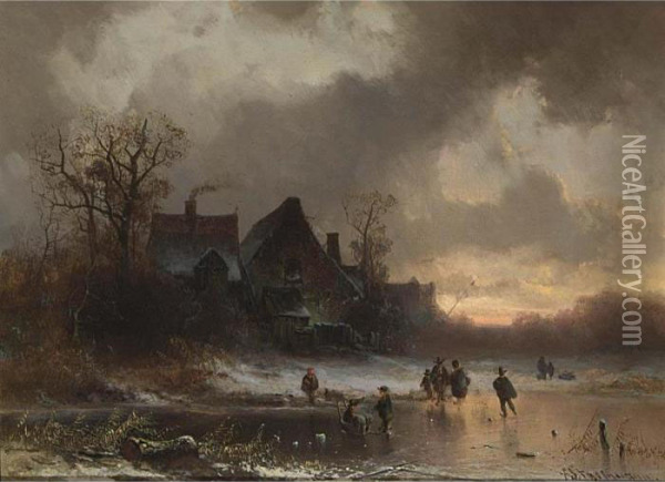 Winter Landscape With Figures On The Ice And A Farmhouse In The Background. Oil Painting - Adolf Stademann