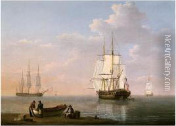 Frigates At Anchor, With A Ship's Cutter On Shore Oil Painting - William Anderson