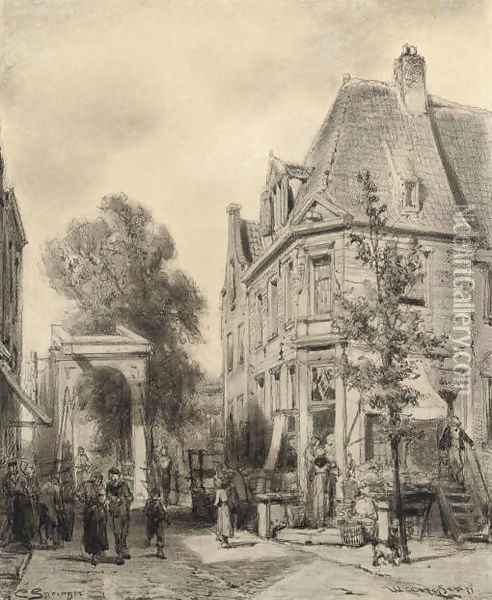 A busy street in Weesp Oil Painting - Cornelis Springer