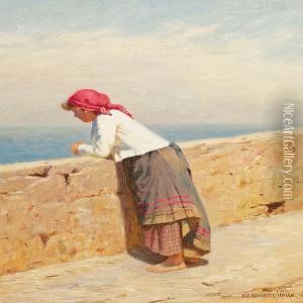 A Young Southeuropean Bare-footed Woman Overlooking The Sea Oil Painting - Niels Frederik Schiottz-Jensen