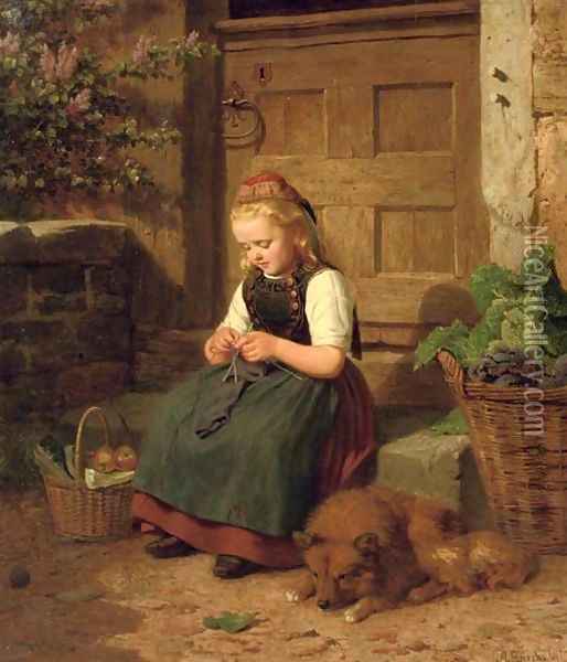 A young girl knitting Oil Painting - Auguste Dircks