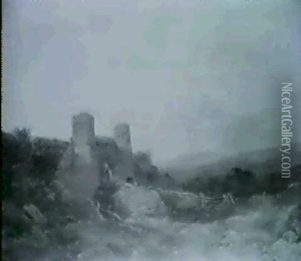 Figures By A Ruined Gatehouse In A Mountainous Landscape Oil Painting - Joseph Horlor