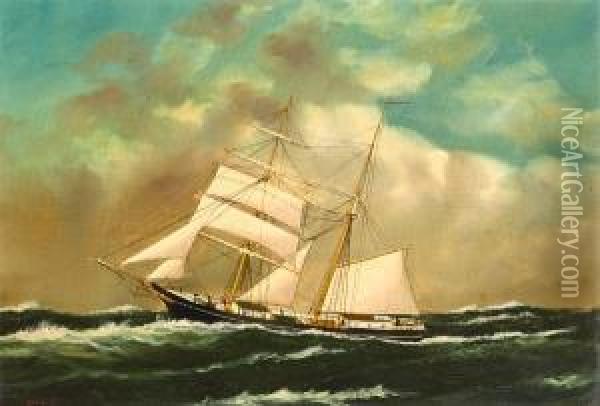 A Merchant Brig Under Shortened Sail Oil Painting - William Pierce Stubbs
