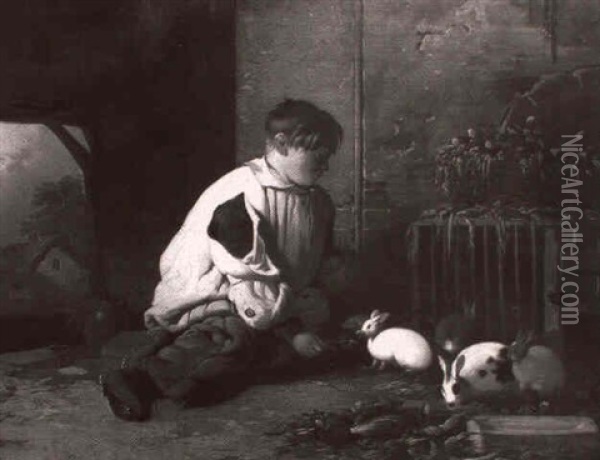 Feeding The Rabbits Oil Painting - William Malbon