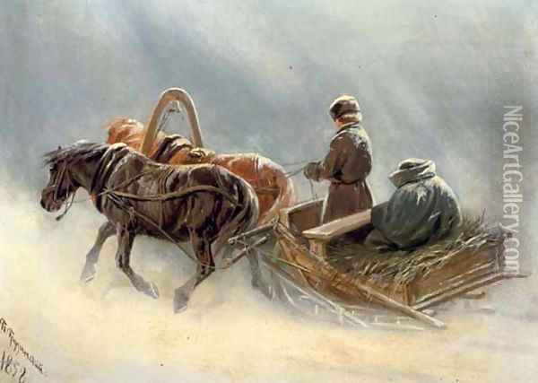 A sleigh ride through the snow Oil Painting - Petr Nicolaevich Gruzinsky
