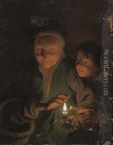 An Old Woman And A Young Boy Lighting Candles Oil Painting - Godfried Schalcken