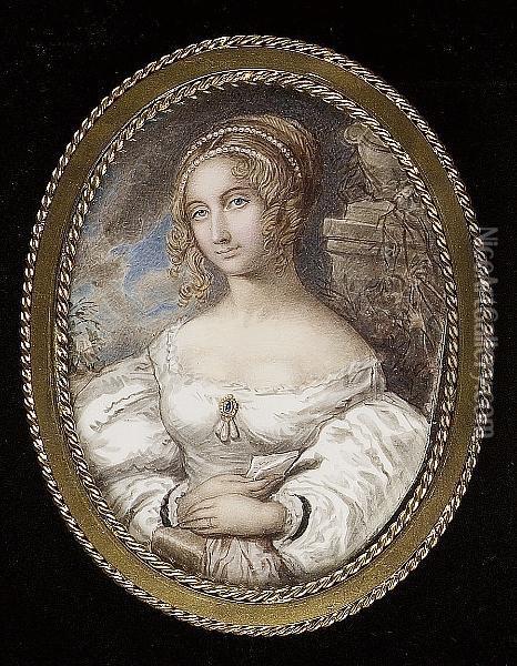 A Lady Of The Duffield Family Wearing White Dress, Gold Brooch Set With Blue Gem And Three Pendant Pearls At Her Corsage, Strands Of Pearls In Her Upswept Hair Oil Painting - Grace Cruickshank