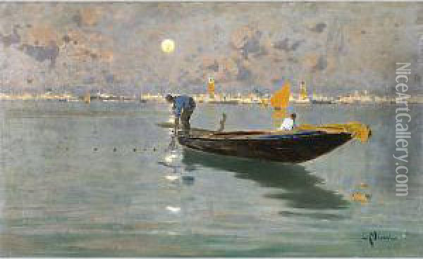 Pescatori Nel Golfo Di Venezia Oil Painting - Giuseppe Miceu