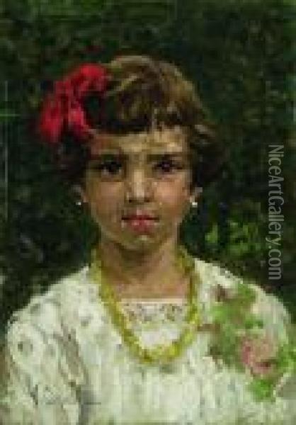Ritratto Di Bambina Con Fiocco Rosso Tra I Capelli Oil Painting - Vincenzo Caprile