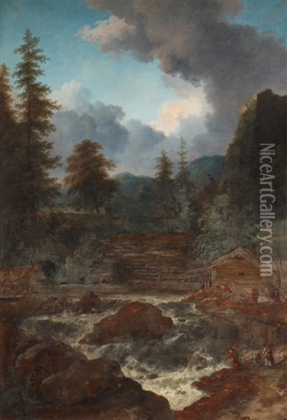 Landscape With Figures By A Waterfall Oil Painting - Allaert van Everdingen