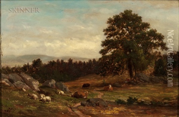 Cows And Sheep In A Rocky Pasture Oil Painting - Samuel Lancaster Gerry