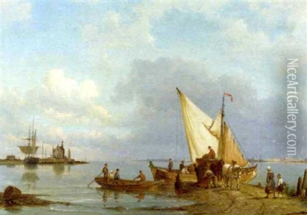 Unloading The Cargo On The Bank Of An Estuary Oil Painting - Pieter Cornelis Dommershuijzen