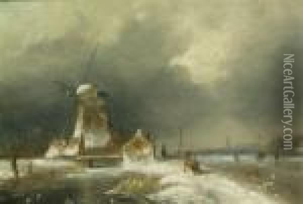 Frozen River Landscape With Windmill Oil Painting - Charles Henri Leickert