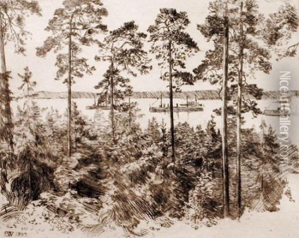 Fjordlandskap 1909 Oil Painting - Erik Werenskiold