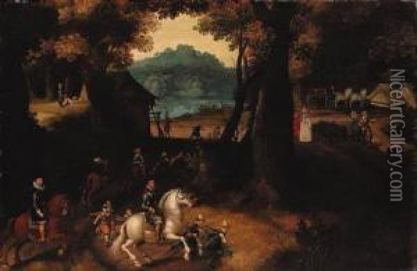 A Wooded Landscape With Maurits,
 Prince Of Orange, On A Grey, Andother Huntsmen And Elegant Company On A
 Path Oil Painting - Gillis van Coninxloo
