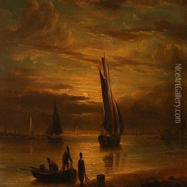 Fishermen On A Beach At Sunset Oil Painting - Aert van der Neer