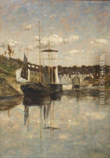 Boats And Wooded Harbour Scene, Pont-aven Oil Painting - Aloysius C. O'Kelly