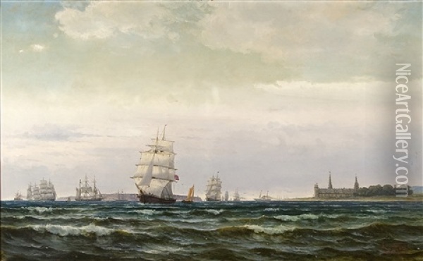 Marint Motiv Med Segelfartyg Utanfor Kronborg Slott Oil Painting - Edvard Skari