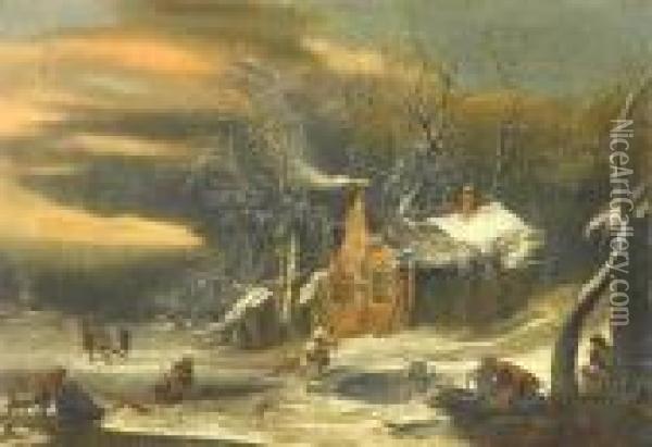 Winter Landscape With Farmers' Cottage And Abundantfigural Staffage Oil Painting - Jan Abrahamsz. Beerstraaten