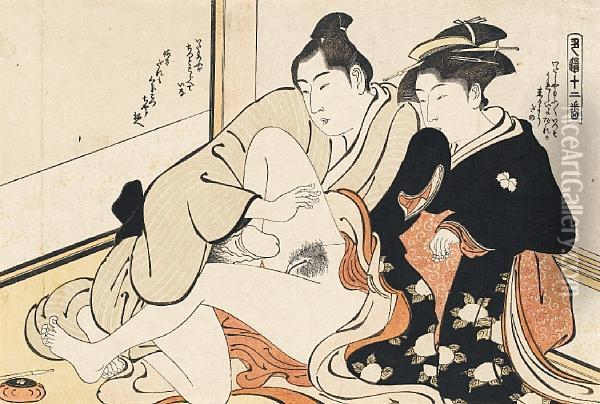 A Couple Making Love In
Front Of A Fusuma Oil Painting - Torii Kiyonaga