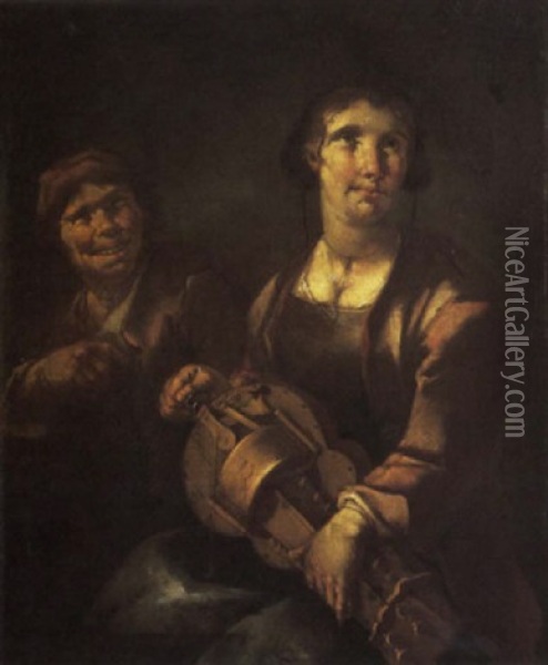 A Peasant Woman Playing A Hurdy-gurdy With A Peasant Boy Looking On Oil Painting - Giacomo Francesco Cipper