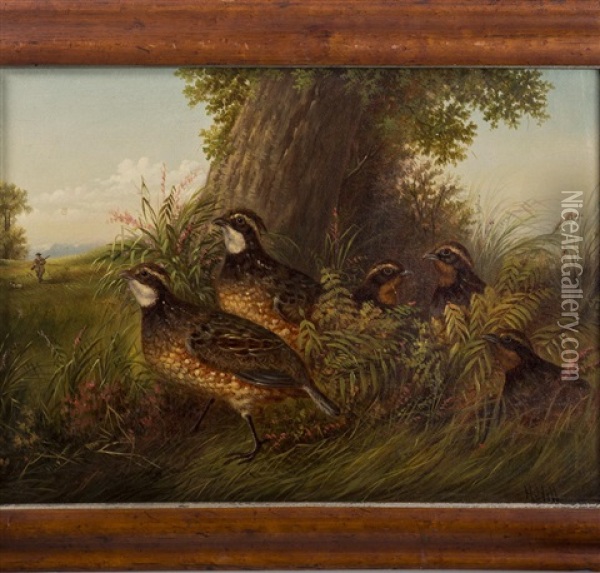 A Family Of Quail Oil Painting - Howard L. Hill