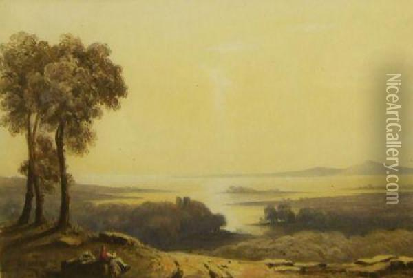 Figure Resting In Lakeland Landscape At Sunrise Oil Painting - John Varley