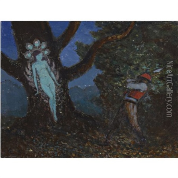 The Woodchopper And The Tree Spirit Oil Painting - George Russell
