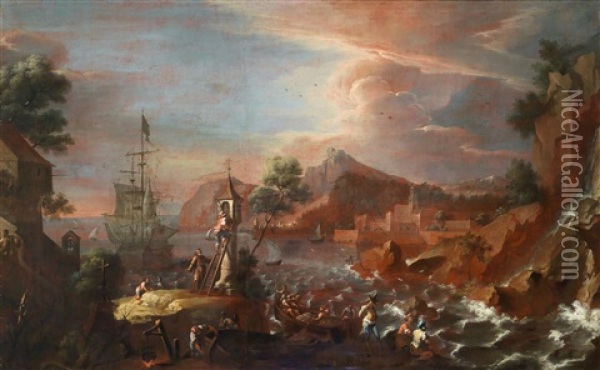 A Harbour Scene Oil Painting - Johann Anton Eismann