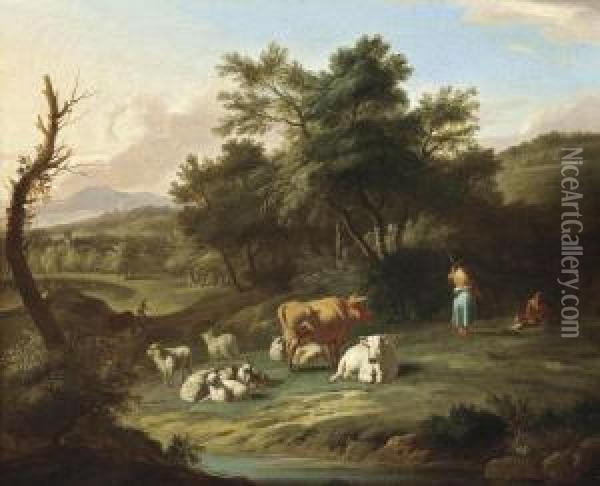 A Wooded River Landscape With Drovers And Their Cattle At Rest Oil Painting - Isaac Vogelsang