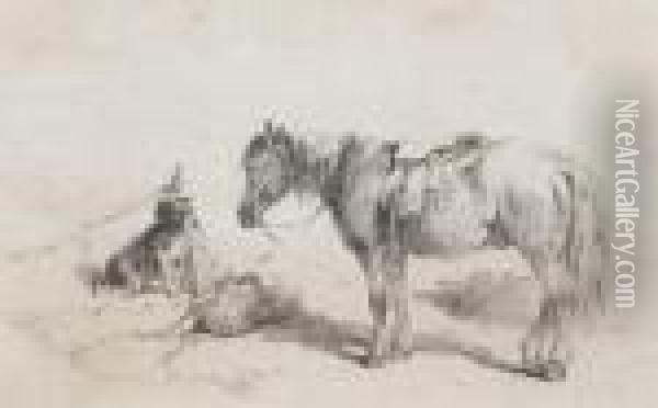 Pony And Dog Waiting By A Basket Oil Painting - Edward Robert Smythe