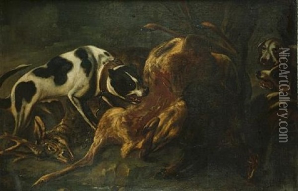 A Hunt Still Life Of A Dead Goose, Duck, Partridge And Song Birds With A Dog, Basket And A Rifle (+ Hounds Attacking A Dead Deer In A Wooded Clearing; Pair) Oil Painting - Baldassare De Caro