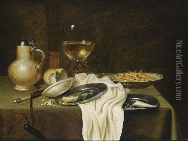 A Still Life With A Stoneware Jug, A Flute, A Roemer, Shrimps, Bread And Tobacco On Pewter Plates, Shrimps In A Wan-li Porcelain Bowl, Together With A Knife, All On A Draped Table With A White Tablecloth Oil Painting - Maerten Boelema De Stomme