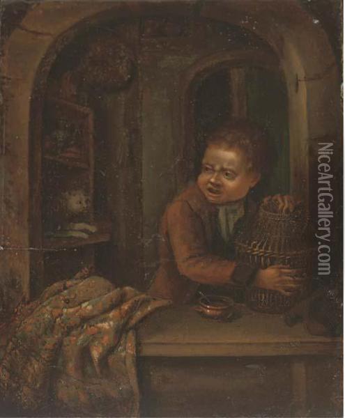 A Boy With A Birdcage At A Casement Oil Painting - Dominicus van Tol