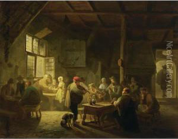 A Busy Tavern Scene Oil Painting - Adrien Ferdinand de Braekeleer