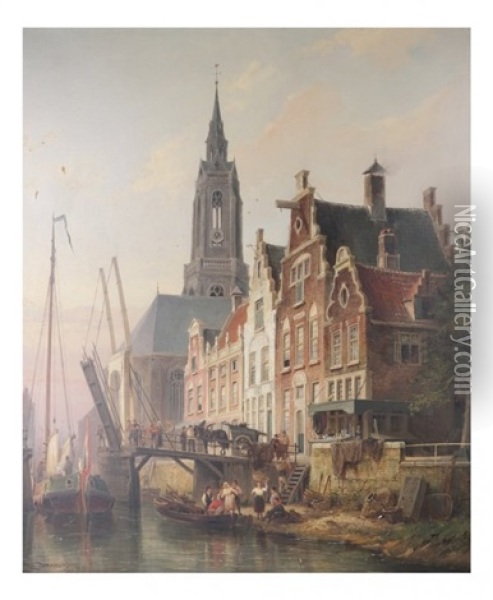 Village Canal Scene Oil Painting - Pieter Cornelis Dommershuijzen